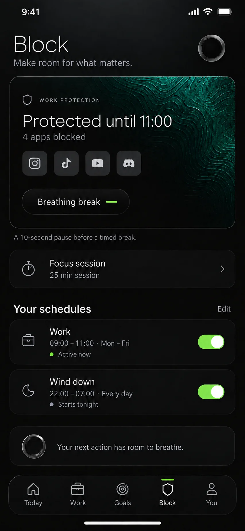 SuperWeek Screen time block screen for protecting time in the week