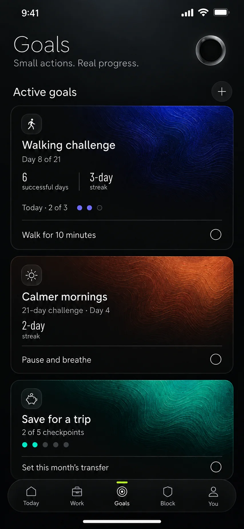 SuperWeek Manage Goals screen with goals and their progress