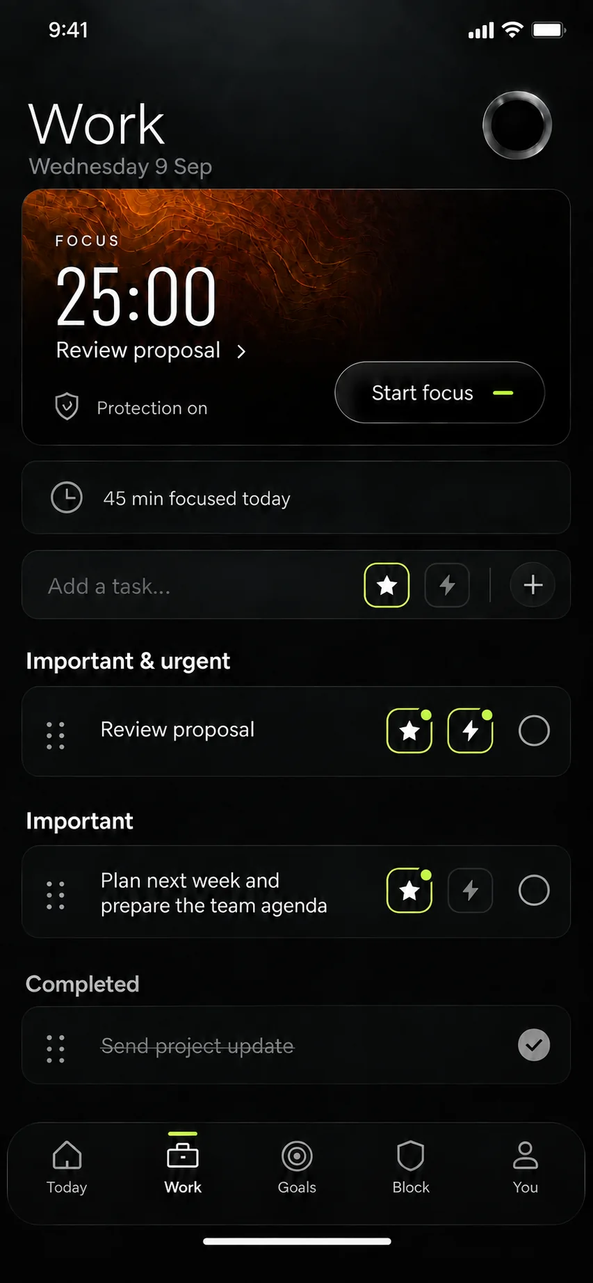 SuperWeek Work screen showing focused work items