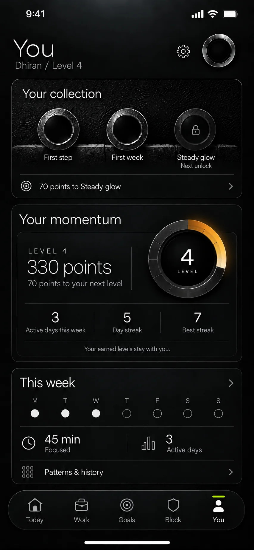 SuperWeek You screen with a personal view of progress