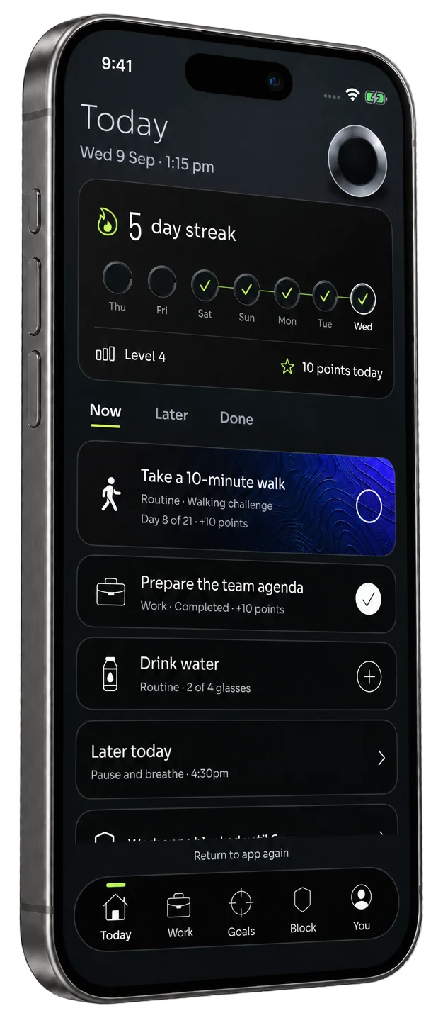 SuperWeek Today screen fitted into an iPhone mockup with a daily action list